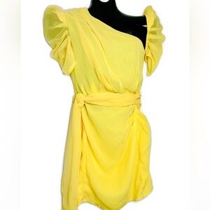 “PrettyLittleThing” Yellow One-Shoulder Knot Mini Dress